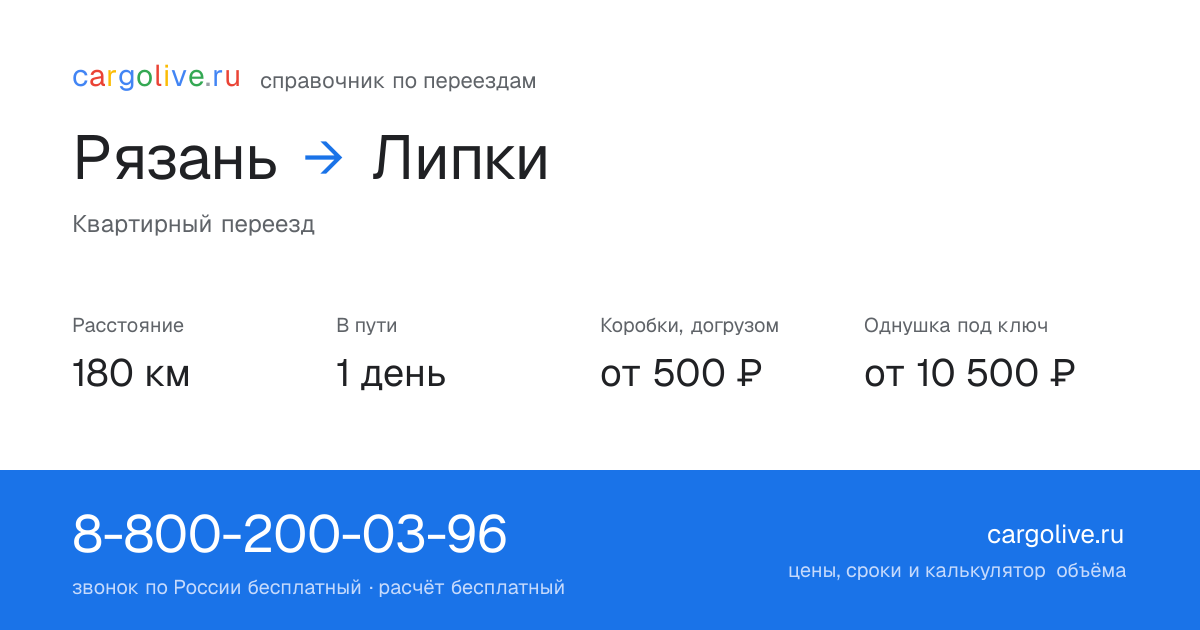 Переезд из Рязани в Липки: 180 км, 1 день в пути, от 2 000 ₽