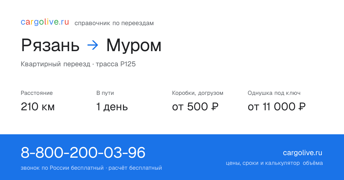 Переезд из Рязани в Муром: 210 км, 1 день в пути, от 2 000 ₽