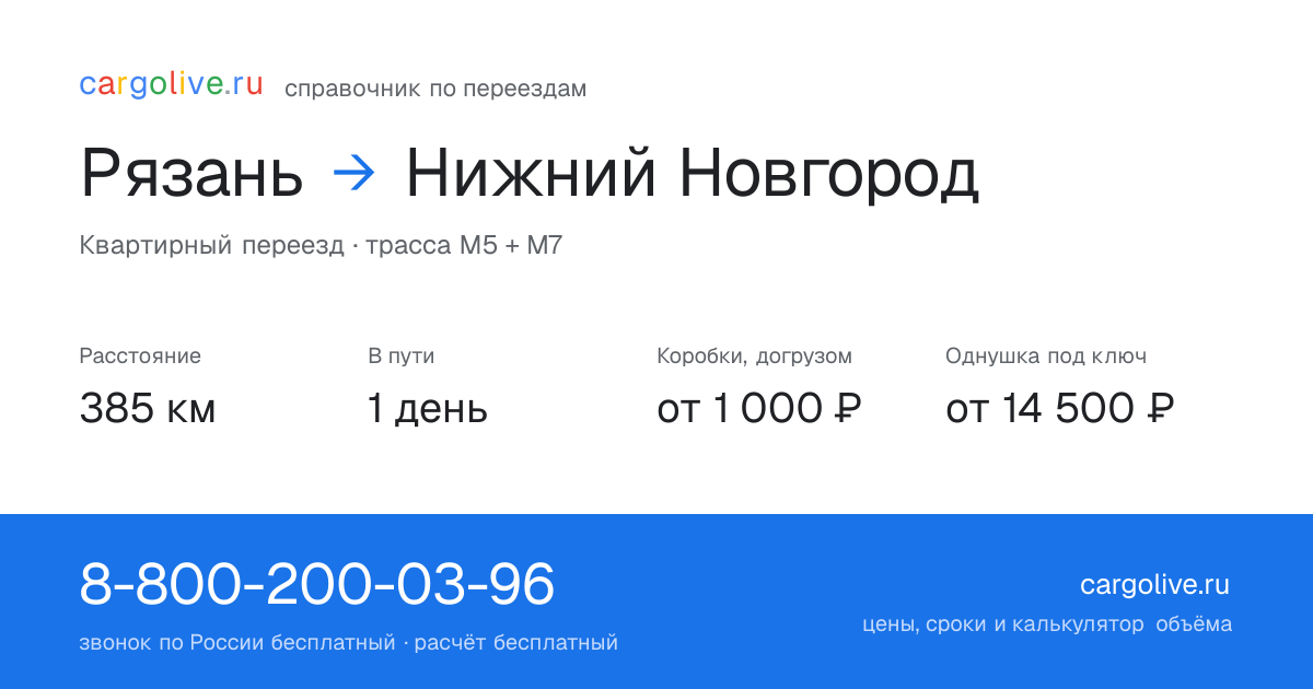 Переезд из Рязани в Нижний Новгород: 385 км, 1 день в пути, от 2 000 ₽