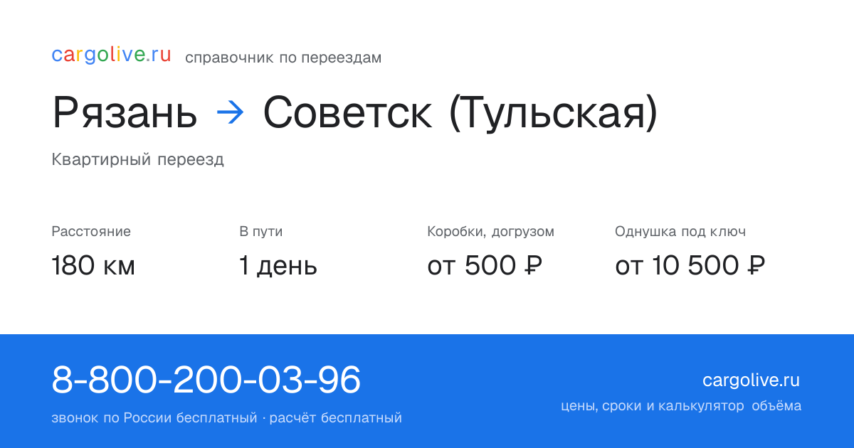 Переезд из Рязани в Советск (Тульская): 180 км, 1 день в пути, от 2 000 ₽