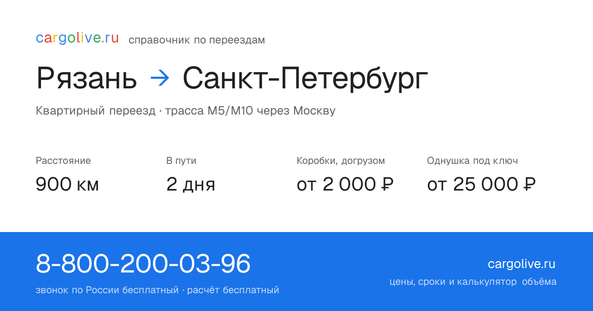 Переезд из Рязани в Санкт-Петербург: 900 км, 2 дня в пути, от 2 000 ₽