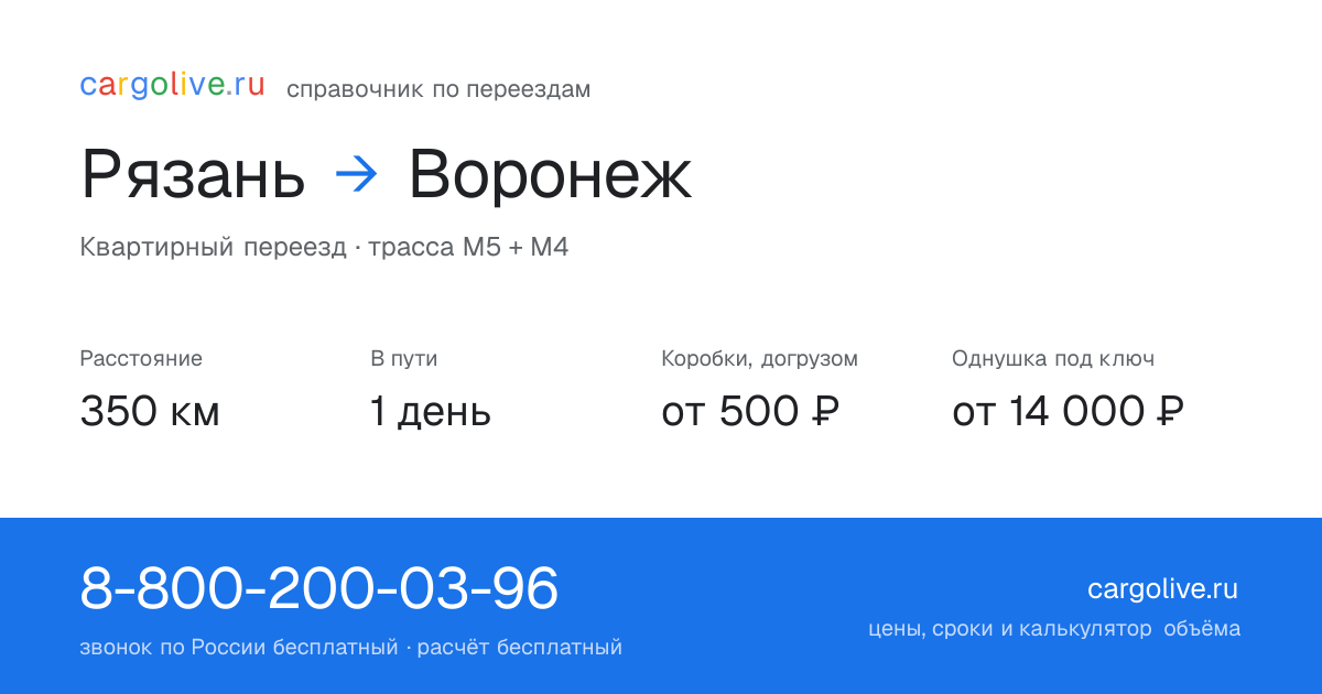 Переезд из Рязани в Воронеж: 350 км, 1 день в пути, от 2 000 ₽