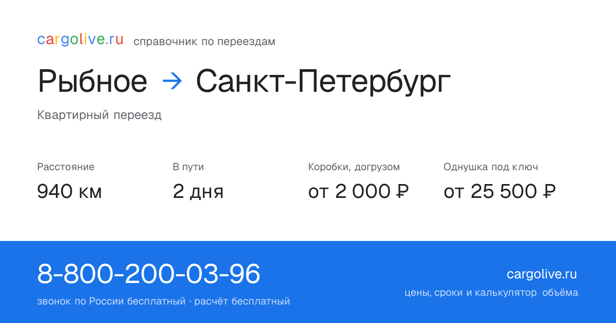 Переезд из Рыбного в Санкт-Петербург: 940 км, 2 дня в пути, от 2 000 ₽