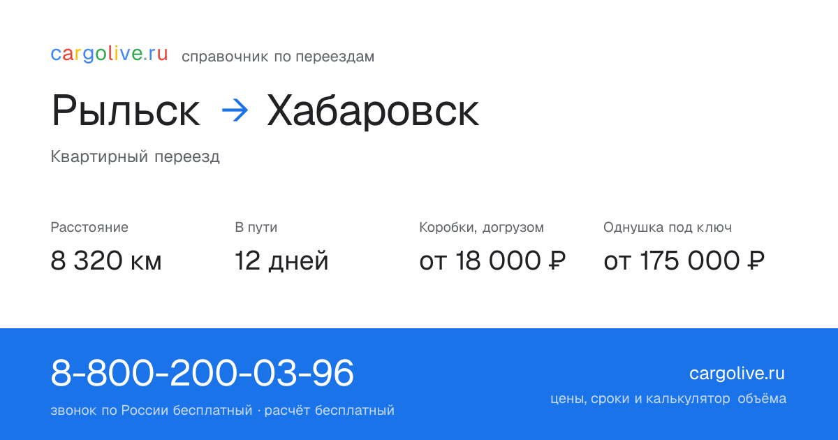 Переезд из Рыльска в Хабаровск: 8 320 км, 12 дней в пути, от 18 000 ₽