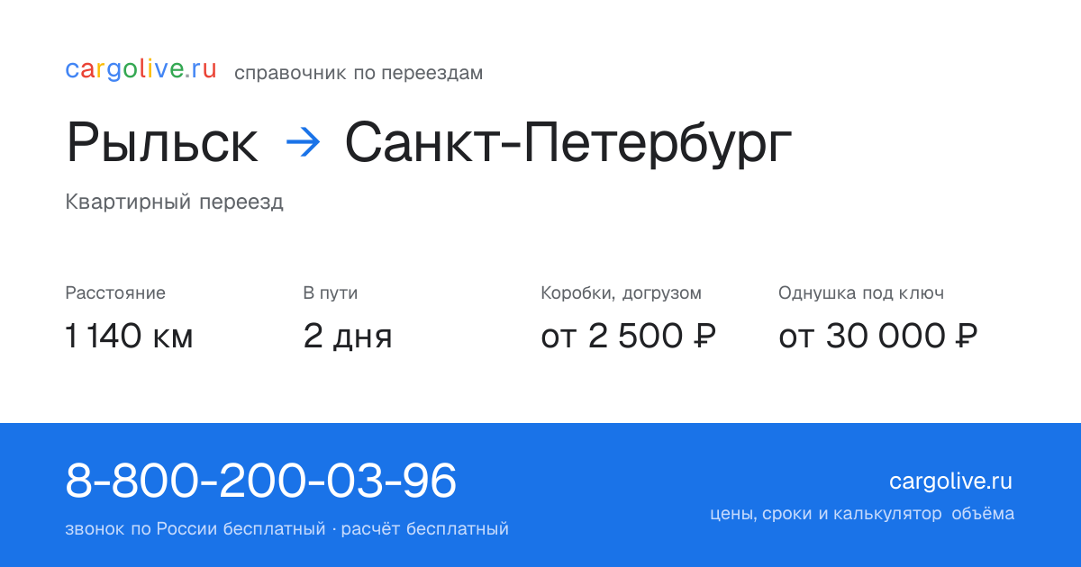 Переезд из Рыльска в Санкт-Петербург: 1 140 км, 2 дня в пути, от 2 500 ₽