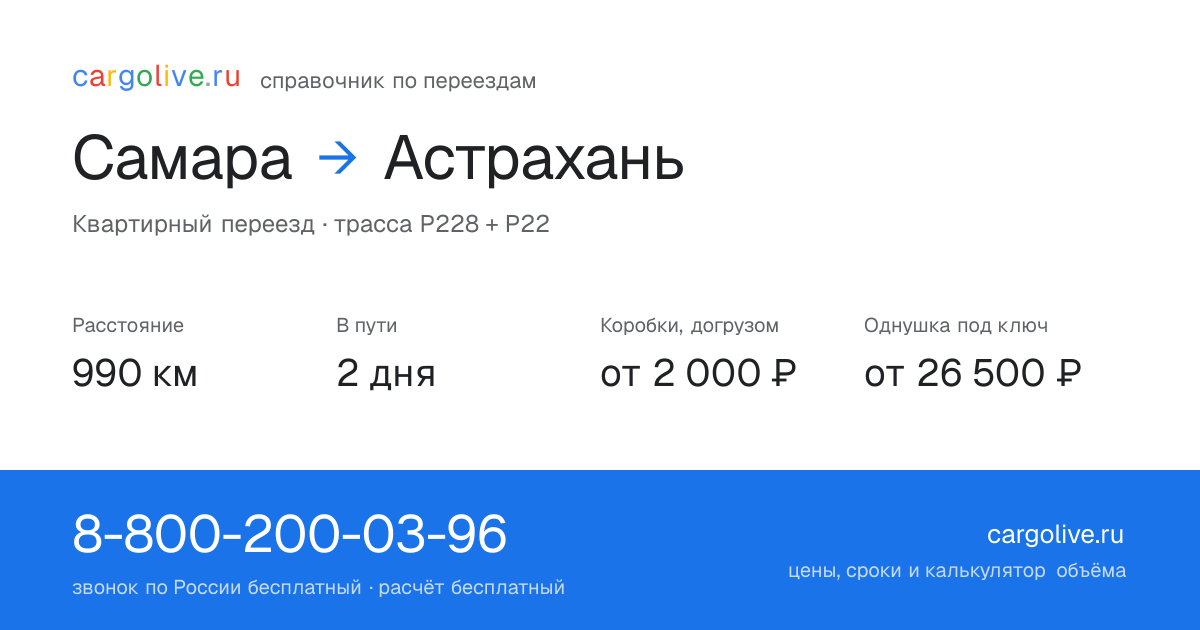 Переезд из Самары в Астрахань: 990 км, 2 дня в пути, от 2 000 ₽