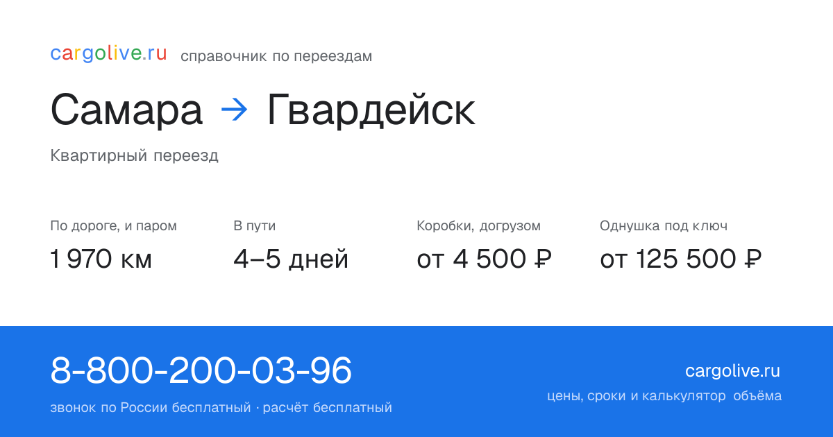 Переезд из Самары в Гвардейск: 1 970 км по дороге и паром, 4–5 дней в пути, от 4 500 ₽