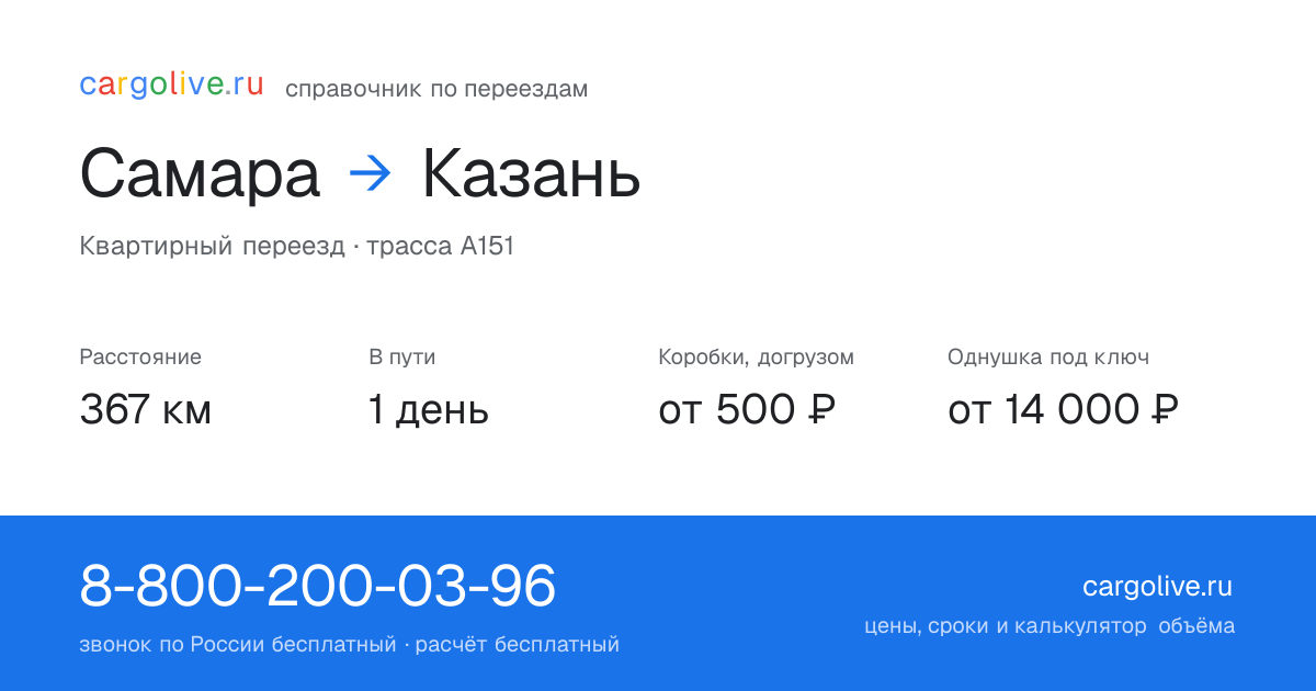 Переезд из Самары в Казань: 367 км, 1 день в пути, от 2 000 ₽