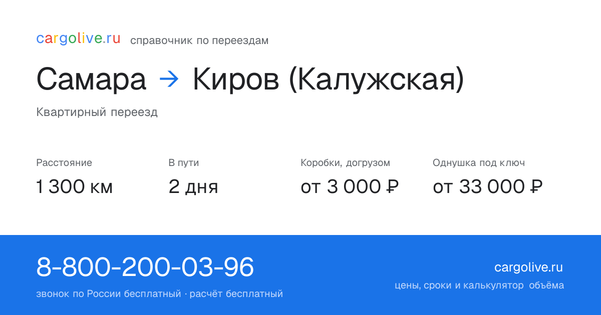 Переезд из Самары в Киров (Калужская): 1 300 км, 2 дня в пути, от 3 000 ₽
