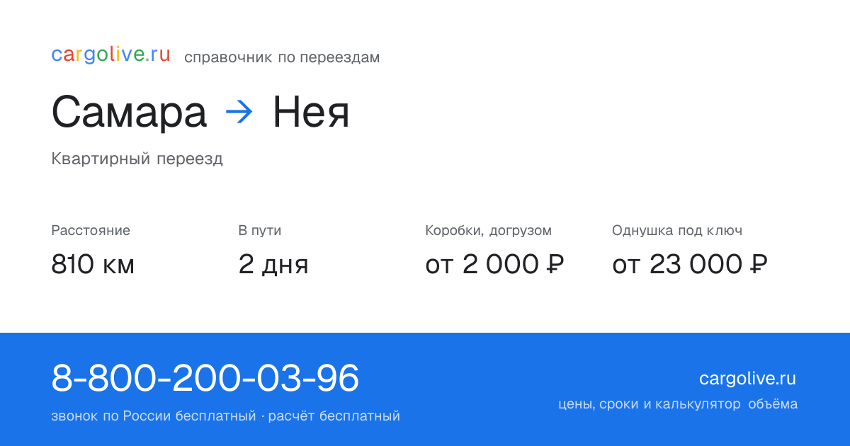Переезд из Самары в Нею: 810 км, 2 дня в пути, от 2 000 ₽