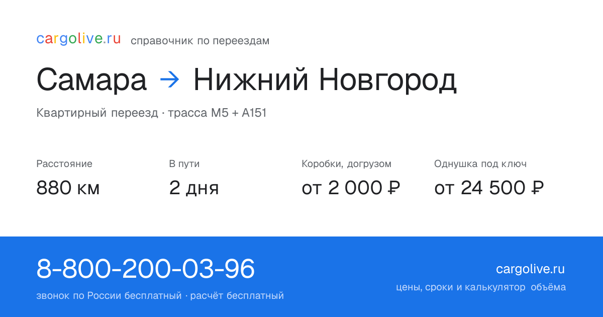 Переезд из Самары в Нижний Новгород: 880 км, 2 дня в пути, от 2 000 ₽