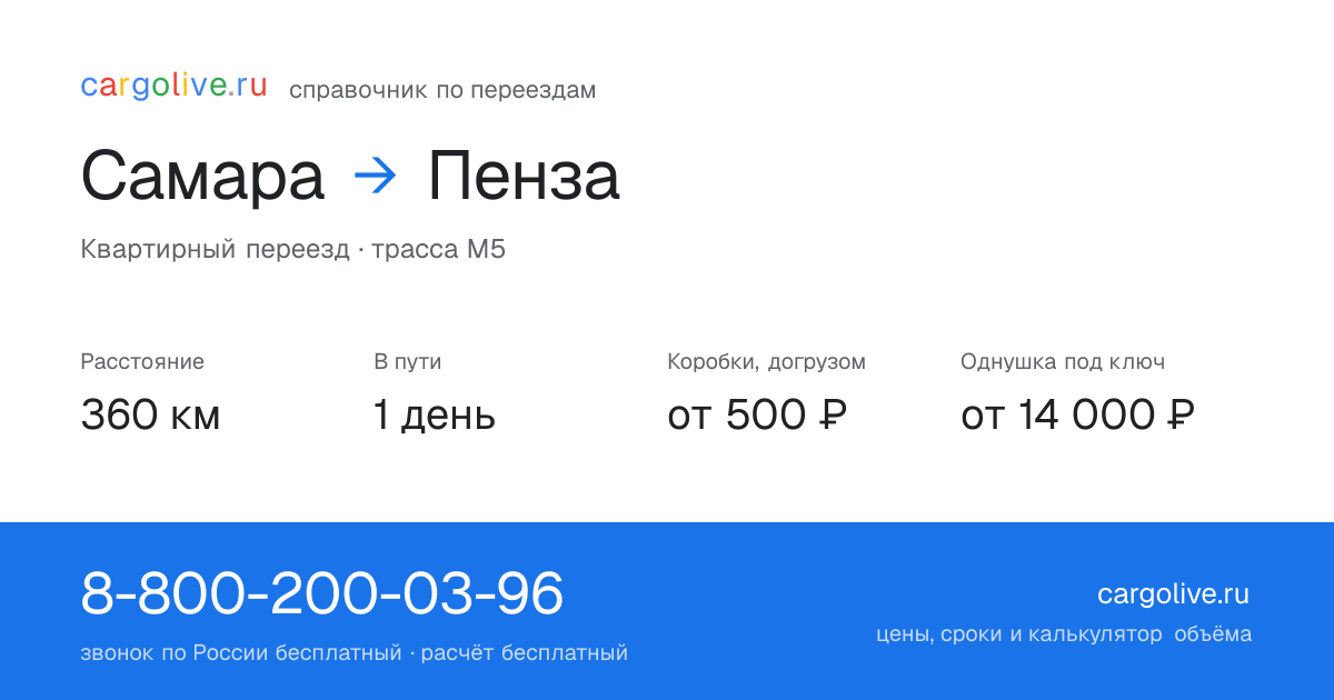 Переезд из Самары в Пензу: 360 км, 1 день в пути, от 2 000 ₽