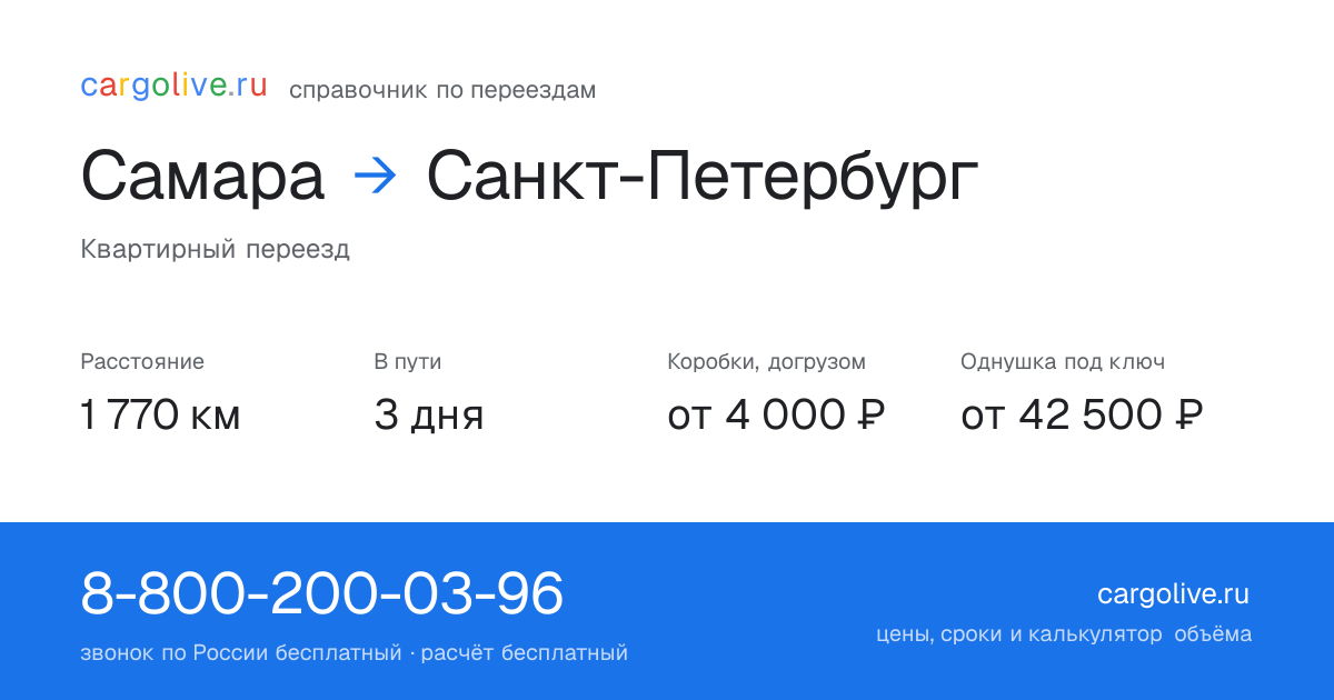 Переезд из Самары в Санкт-Петербург: 1 770 км, 3 дня в пути, от 4 000 ₽