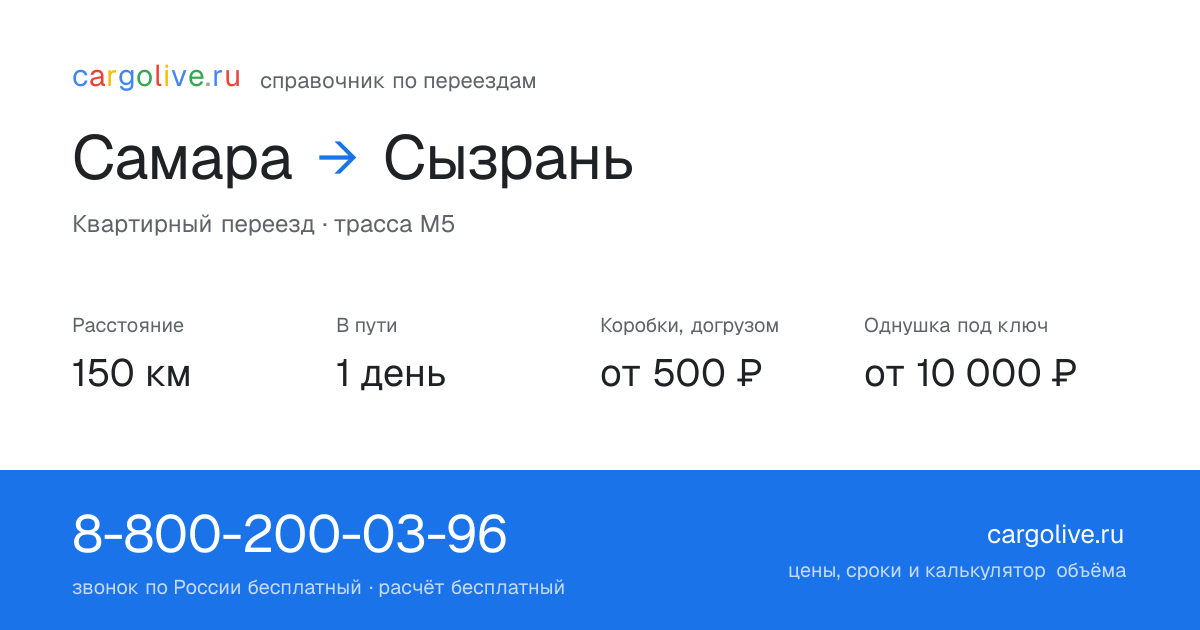 Переезд из Самары в Сызрань: 150 км, 1 день в пути, от 2 000 ₽
