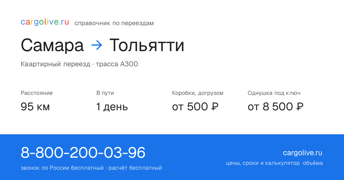 Переезд из Самары в Тольятти: 95 км, 1 день в пути, от 2 000 ₽