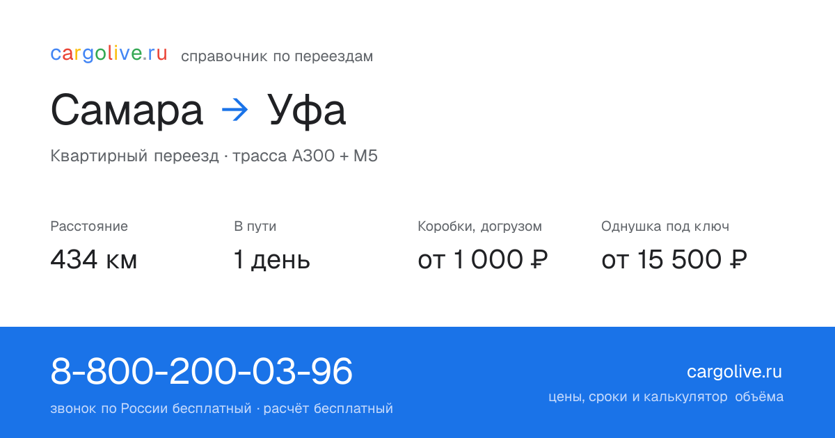 Переезд из Самары в Уфу: 434 км, 1 день в пути, от 2 000 ₽