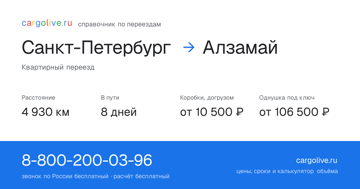 Переезд из Санкт-Петербурга в Алзамай: 4 930 км, 8 дней в пути, от 10 500 ₽