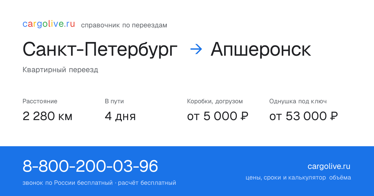 Переезд из Санкт-Петербурга в Апшеронск: 2 280 км, 4 дня в пути, от 5 000 ₽