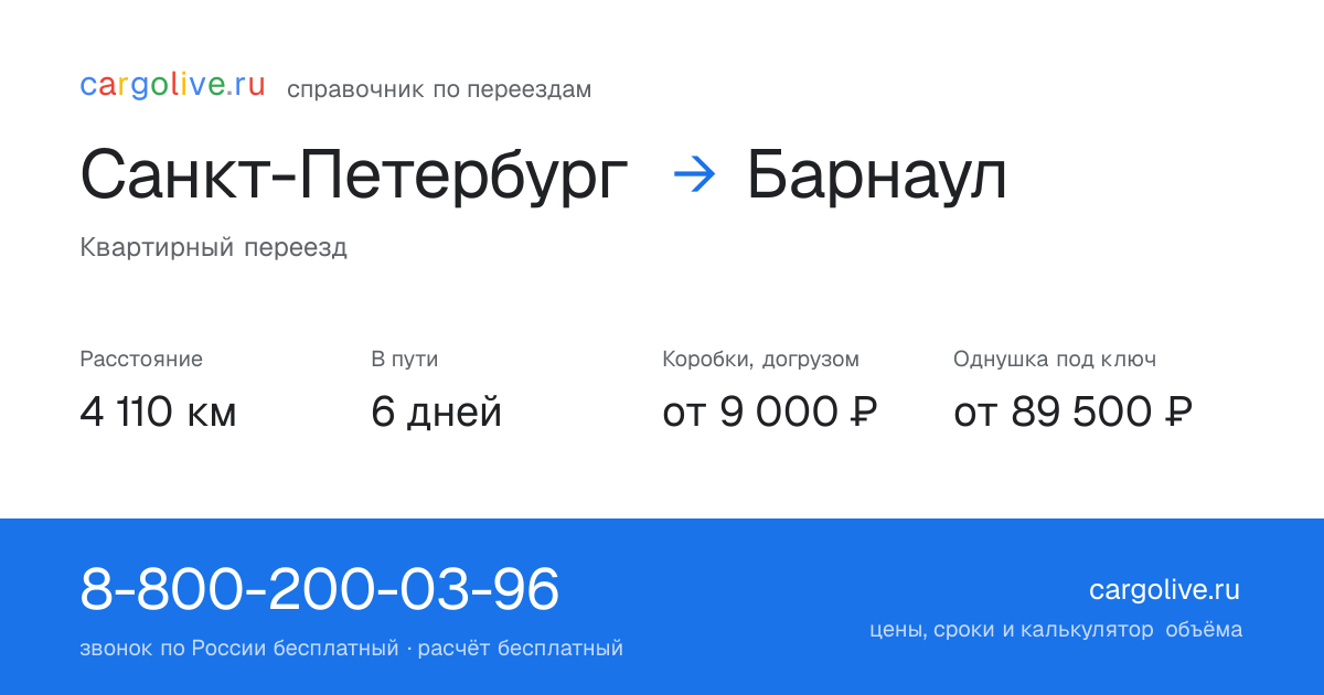 Переезд из Санкт-Петербурга в Барнаул: 4 110 км, 6 дней в пути, от 9 000 ₽