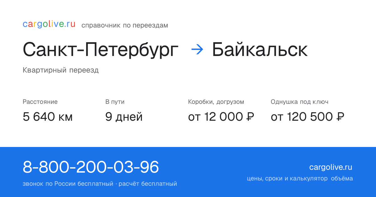 Переезд из Санкт-Петербурга в Байкальск: 5 640 км, 9 дней в пути, от 12 000 ₽