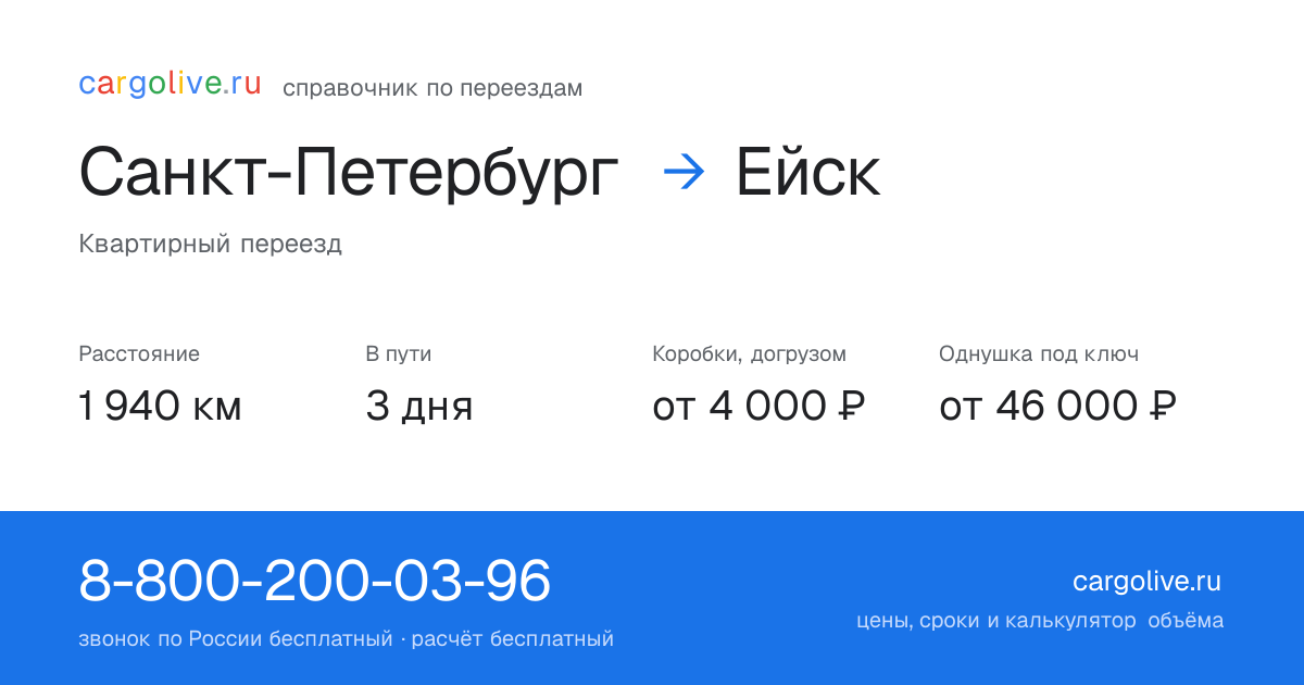 Переезд из Санкт-Петербурга в Ейск: 1 940 км, 3 дня в пути, от 4 000 ₽