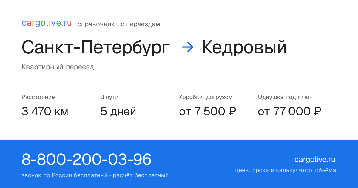 Переезд из Санкт-Петербурга в Кедровый: 3 470 км, 5 дней в пути, от 7 500 ₽