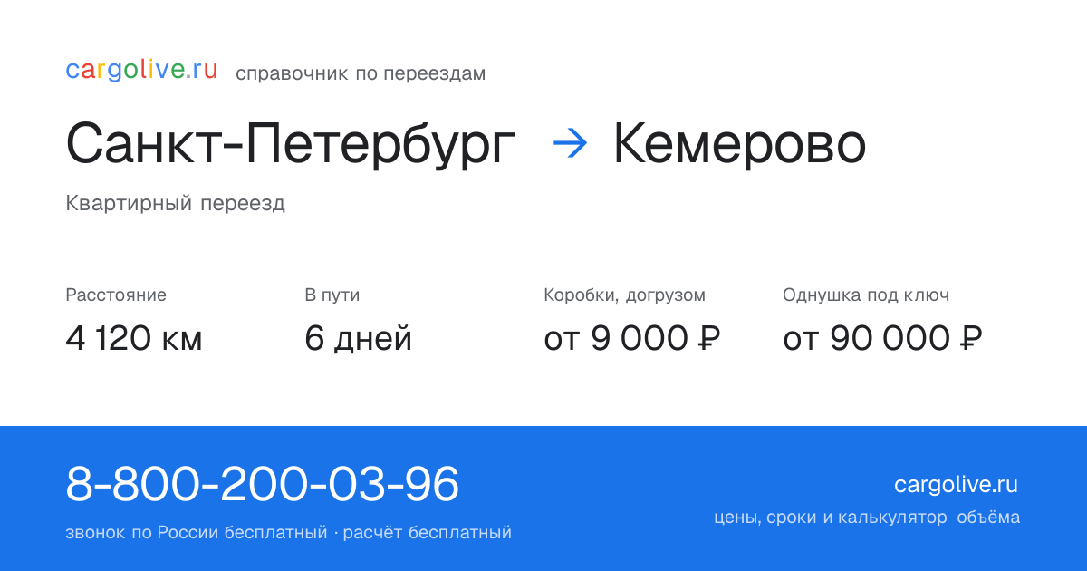 Переезд из Санкт-Петербурга в Кемерово: 4 120 км, 6 дней в пути, от 9 000 ₽