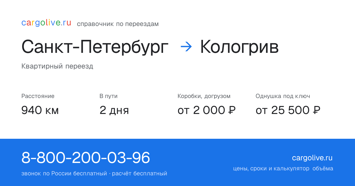 Переезд из Санкт-Петербурга в Кологрив: 940 км, 2 дня в пути, от 2 000 ₽