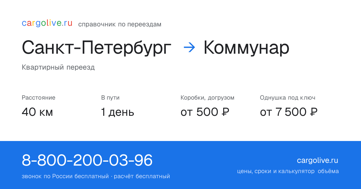 Переезд из Санкт-Петербурга в Коммунар: 40 км, 1 день в пути, от 2 000 ₽