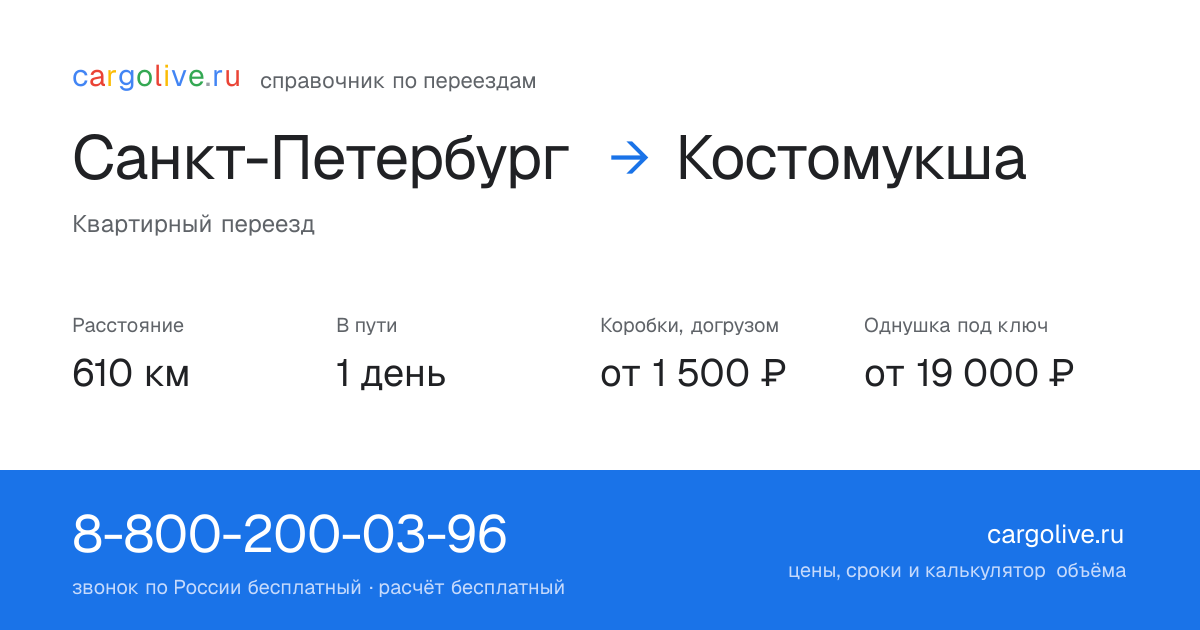 Переезд из Санкт-Петербурга в Костомукшу: 610 км, 1 день в пути, от 2 000 ₽