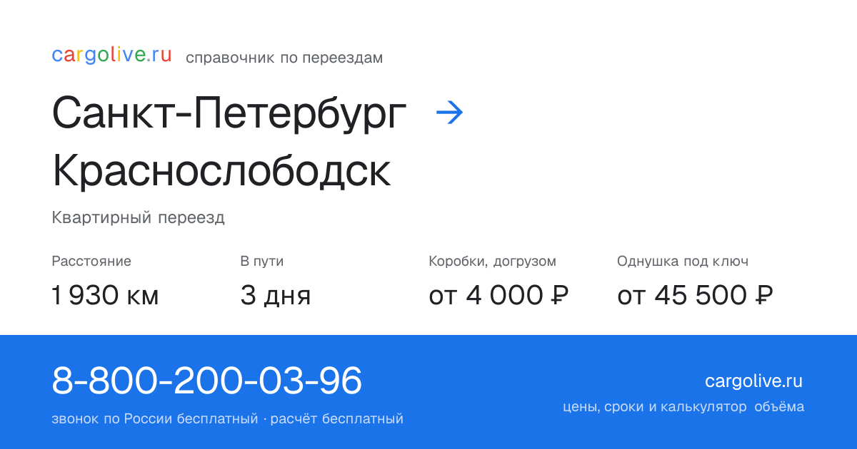 Переезд из Санкт-Петербурга в Краснослободск: 1 930 км, 3 дня в пути, от 4 000 ₽