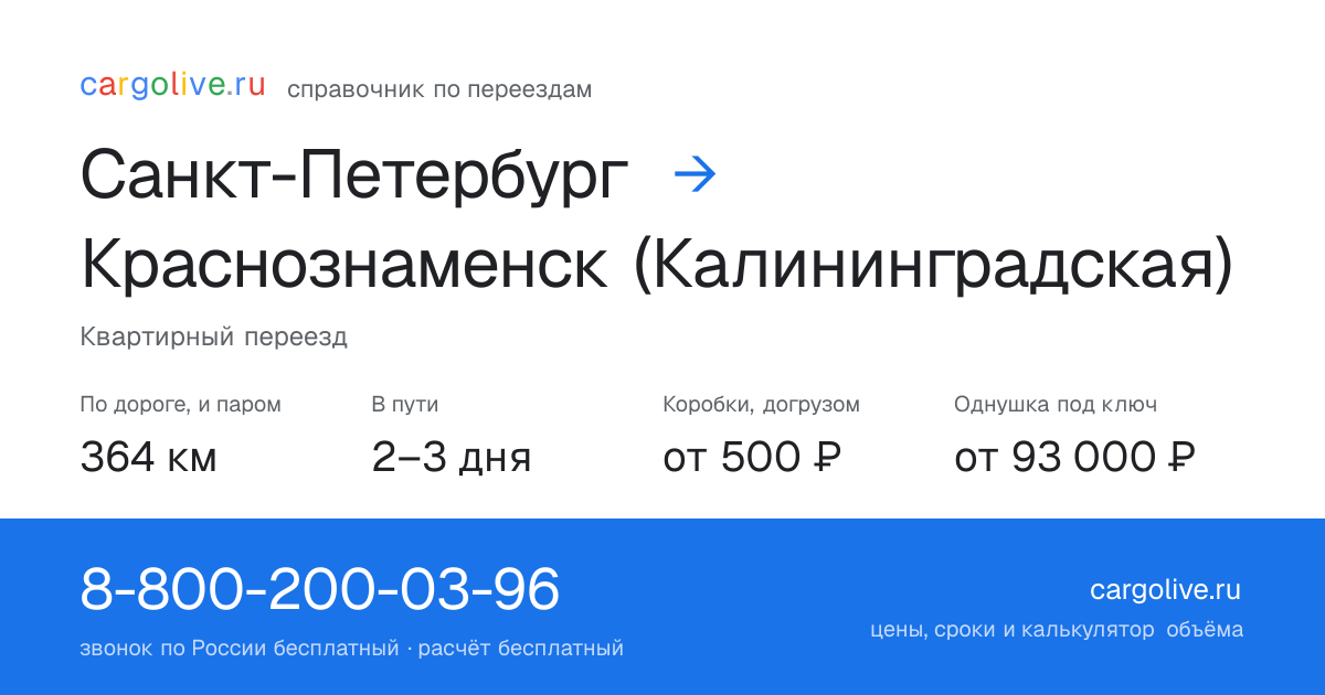 Переезд из Санкт-Петербурга в Краснознаменск (Калининградская): 364 км по дороге и паром, 2–3 дня в пути, от 2 000 ₽
