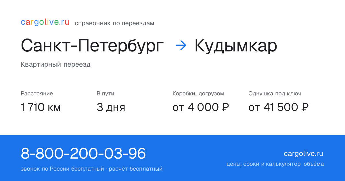 Переезд из Санкт-Петербурга в Кудымкар: 1 710 км, 3 дня в пути, от 4 000 ₽