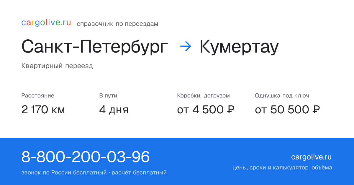 Переезд из Санкт-Петербурга в Кумертау: 2 170 км, 4 дня в пути, от 4 500 ₽