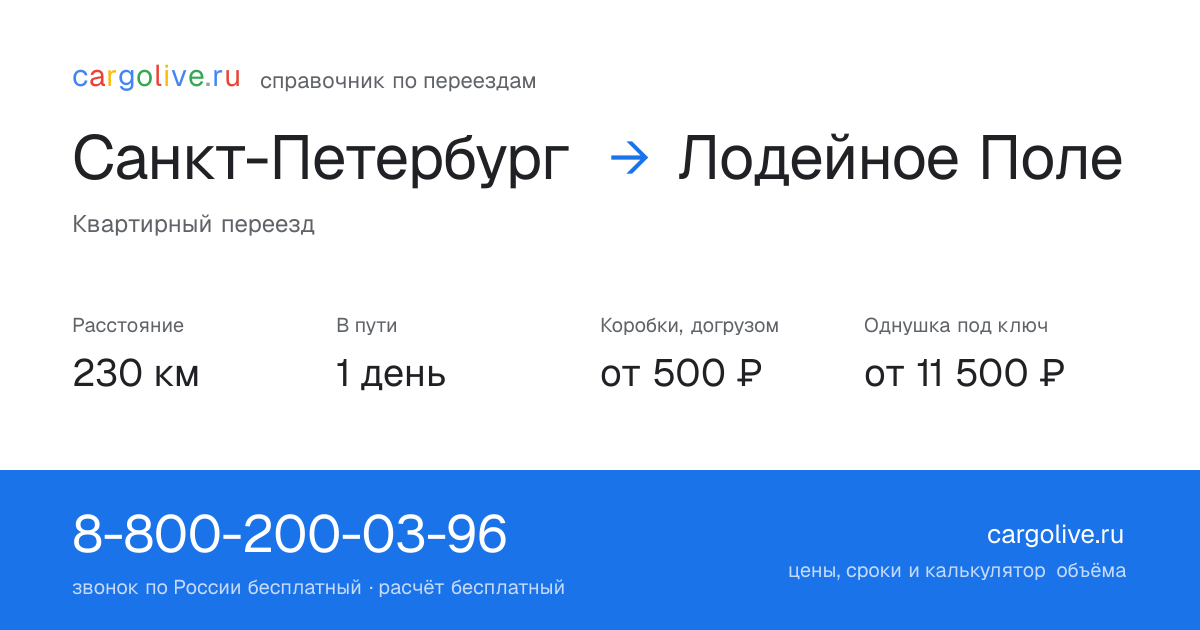 Переезд из Санкт-Петербурга в Лодейное Поле: 230 км, 1 день в пути, от 2 000 ₽