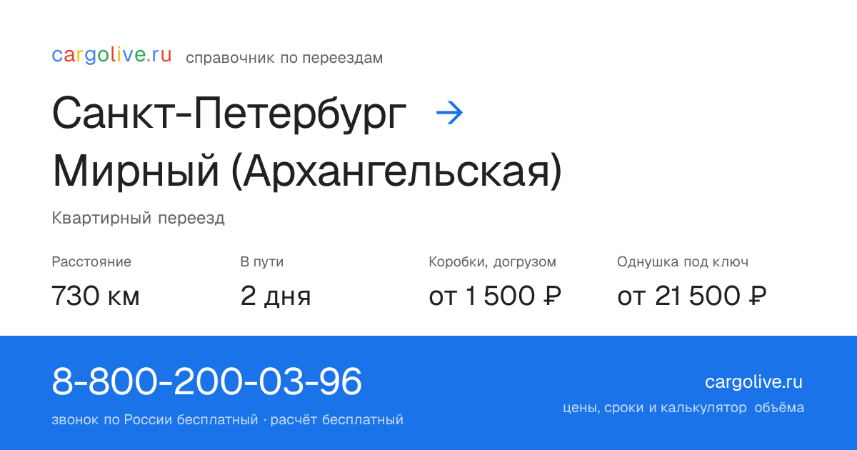 Переезд из Санкт-Петербурга в Мирный (Архангельская): 730 км, 2 дня в пути, от 2 000 ₽