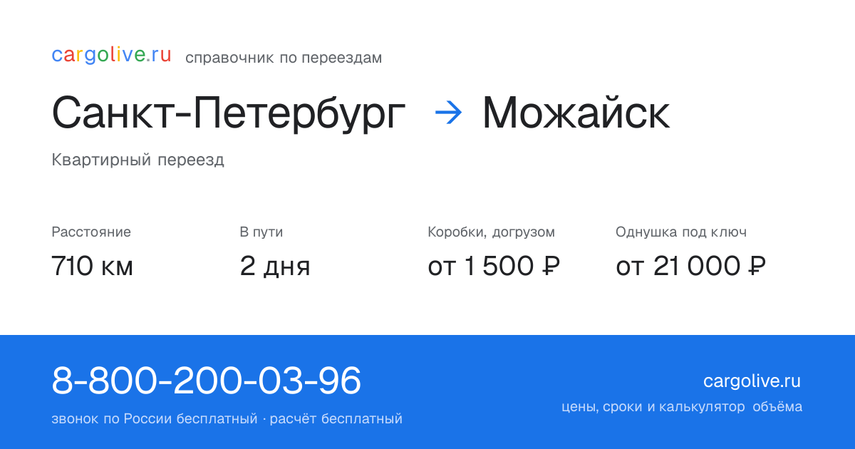 Переезд из Санкт-Петербурга в Можайск: 710 км, 2 дня в пути, от 2 000 ₽