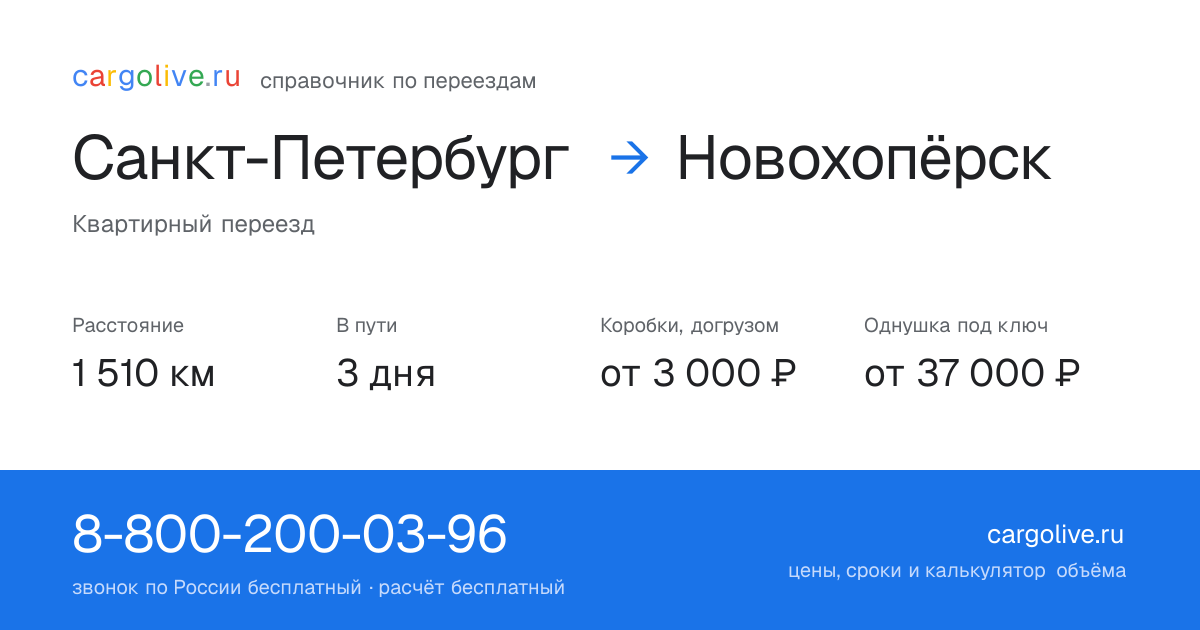 Переезд из Санкт-Петербурга в Новохопёрск: 1 510 км, 3 дня в пути, от 3 000 ₽