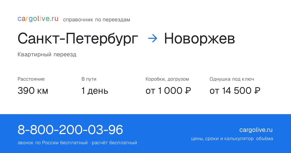 Переезд из Санкт-Петербурга в Новоржев: 390 км, 1 день в пути, от 2 000 ₽