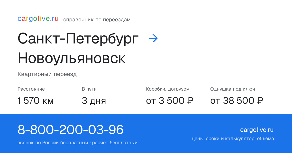 Переезд из Санкт-Петербурга в Новоульяновск: 1 570 км, 3 дня в пути, от 3 500 ₽