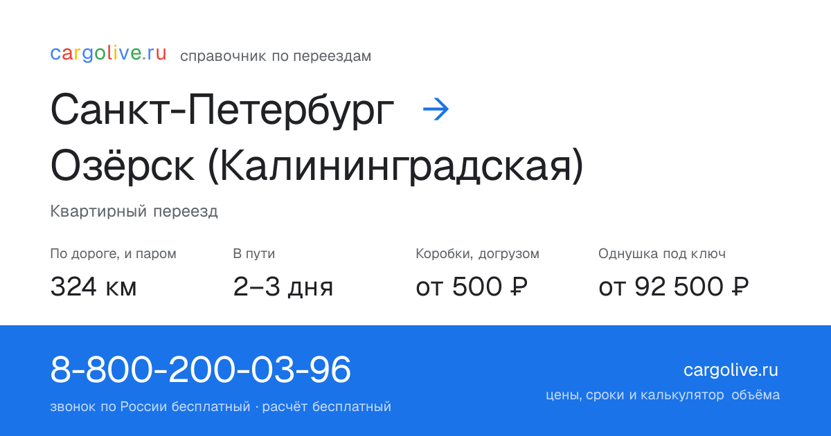 Переезд из Санкт-Петербурга в Озёрск (Калининградская): 324 км по дороге и паром, 2–3 дня в пути, от 2 000 ₽