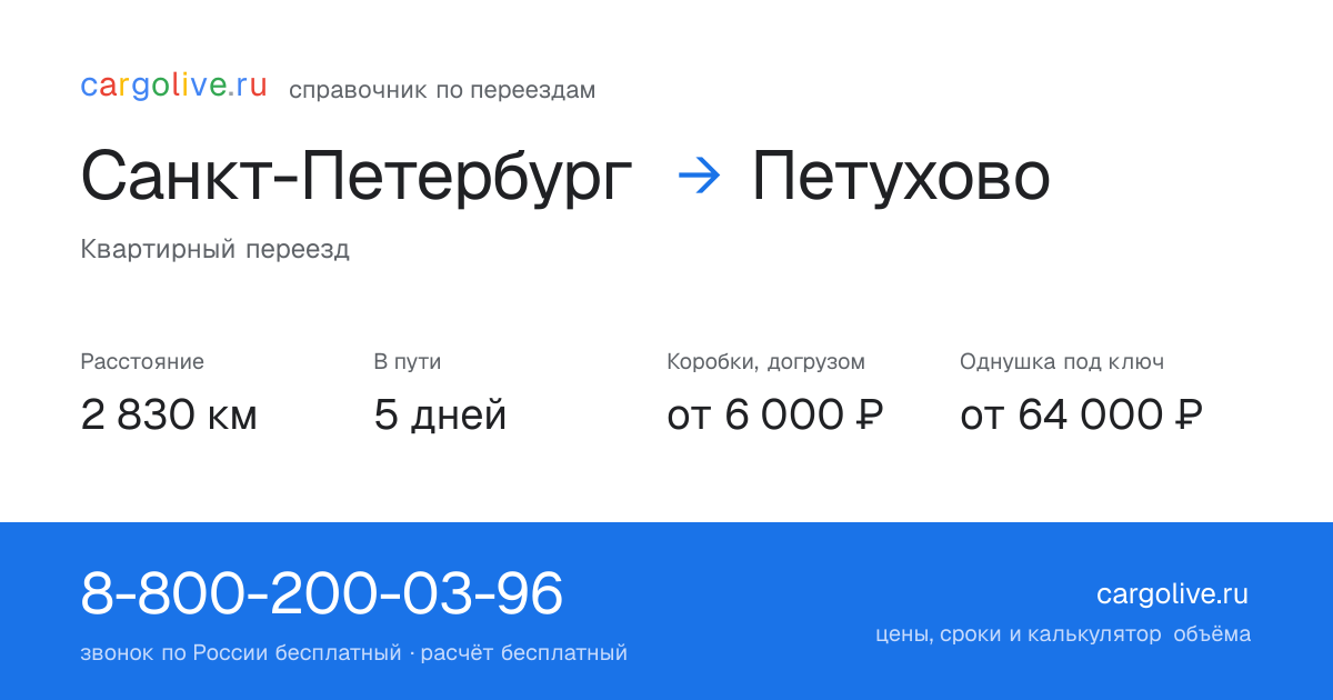 Переезд из Санкт-Петербурга в Петухово: 2 830 км, 5 дней в пути, от 6 000 ₽
