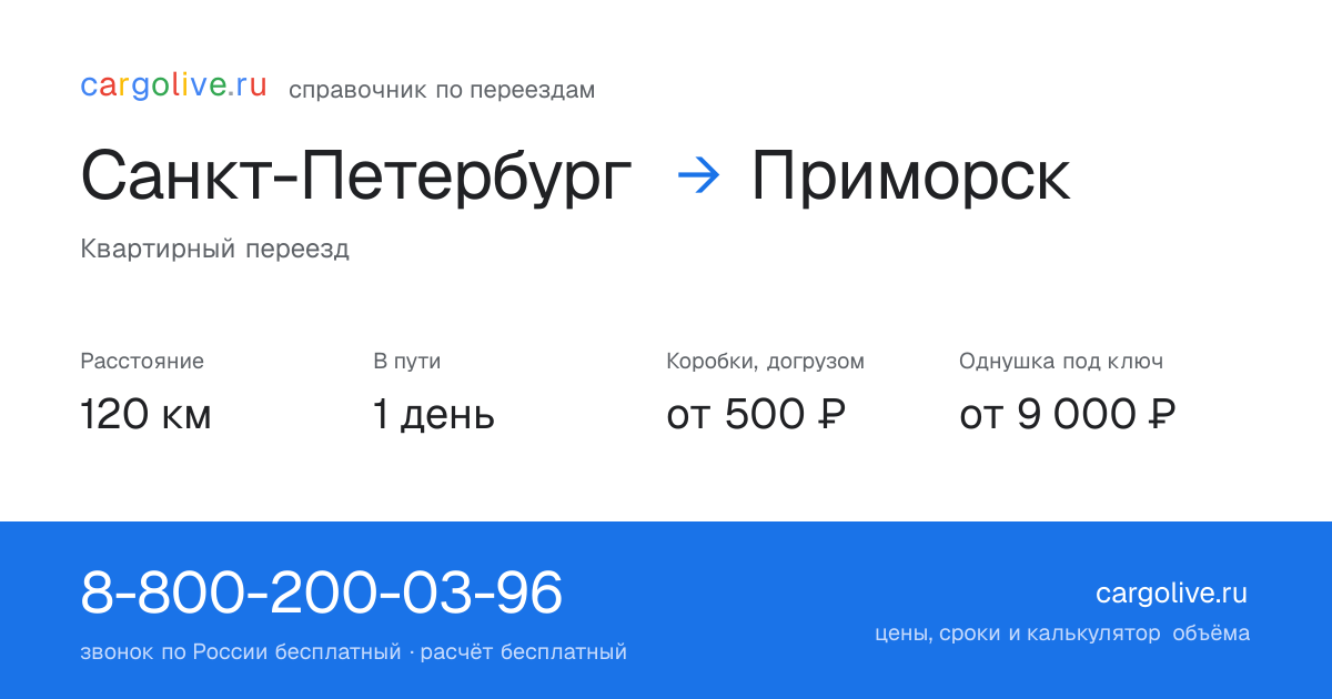 Переезд из Санкт-Петербурга в Приморск: 120 км, 1 день в пути, от 2 000 ₽