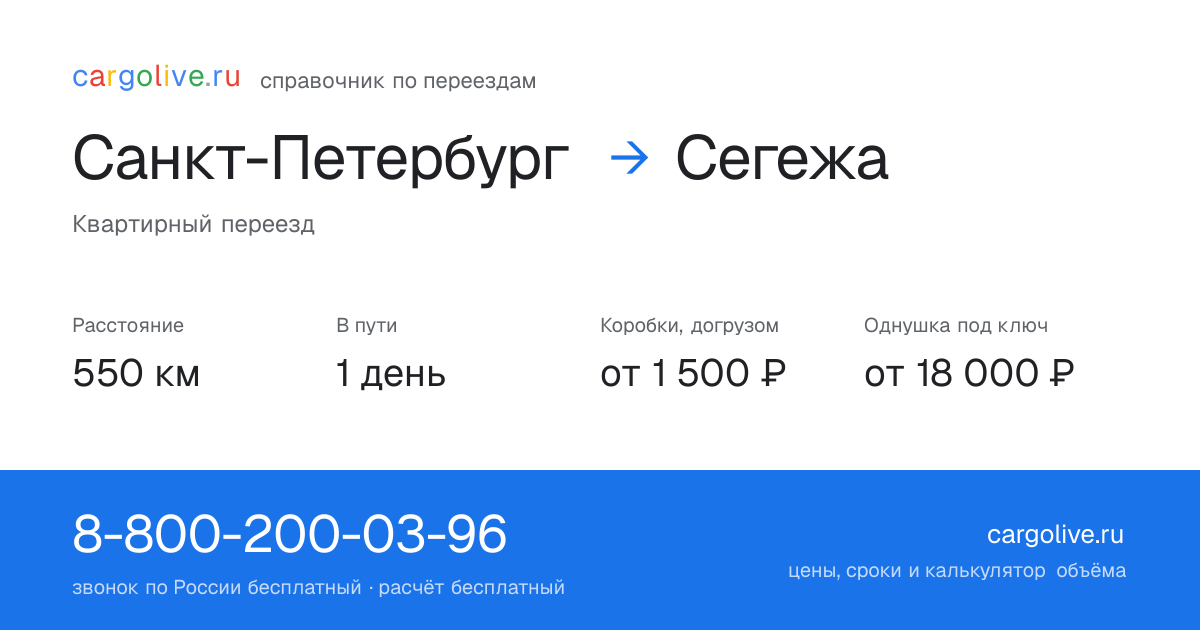 Переезд из Санкт-Петербурга в Сегежу: 550 км, 1 день в пути, от 2 000 ₽