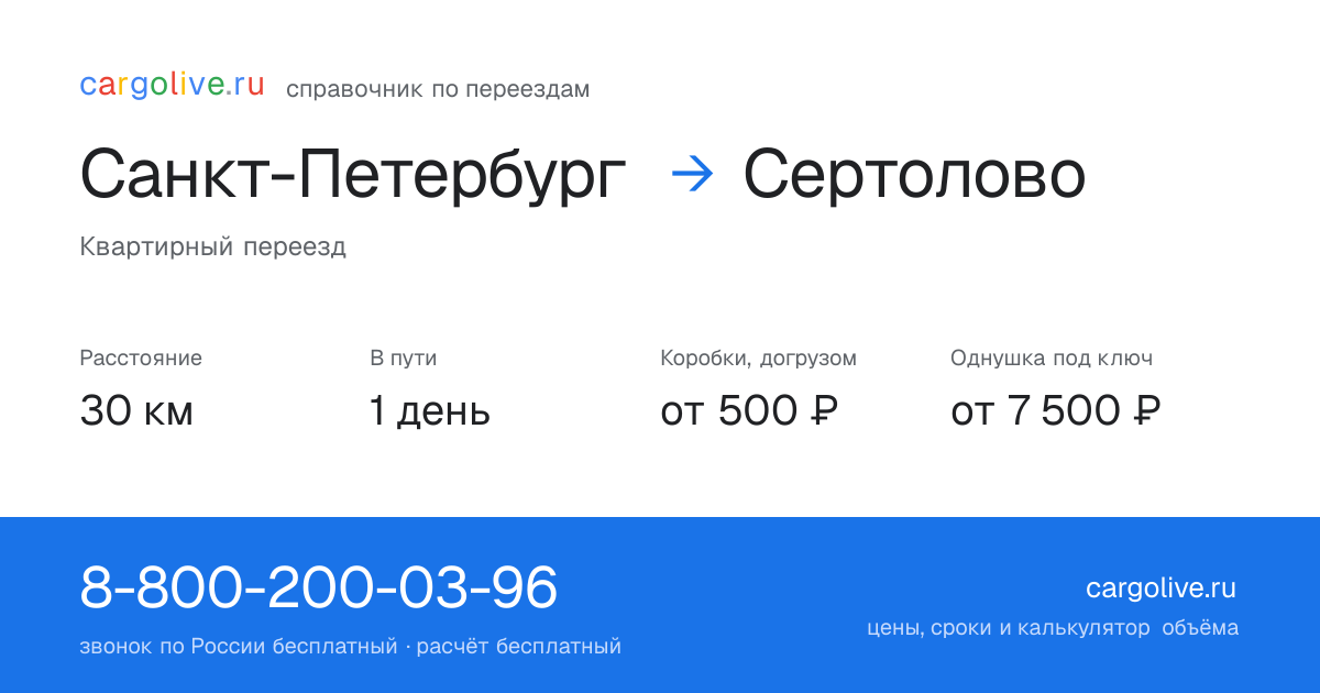 Переезд из Санкт-Петербурга в Сертолово: 30 км, 1 день в пути, от 2 000 ₽