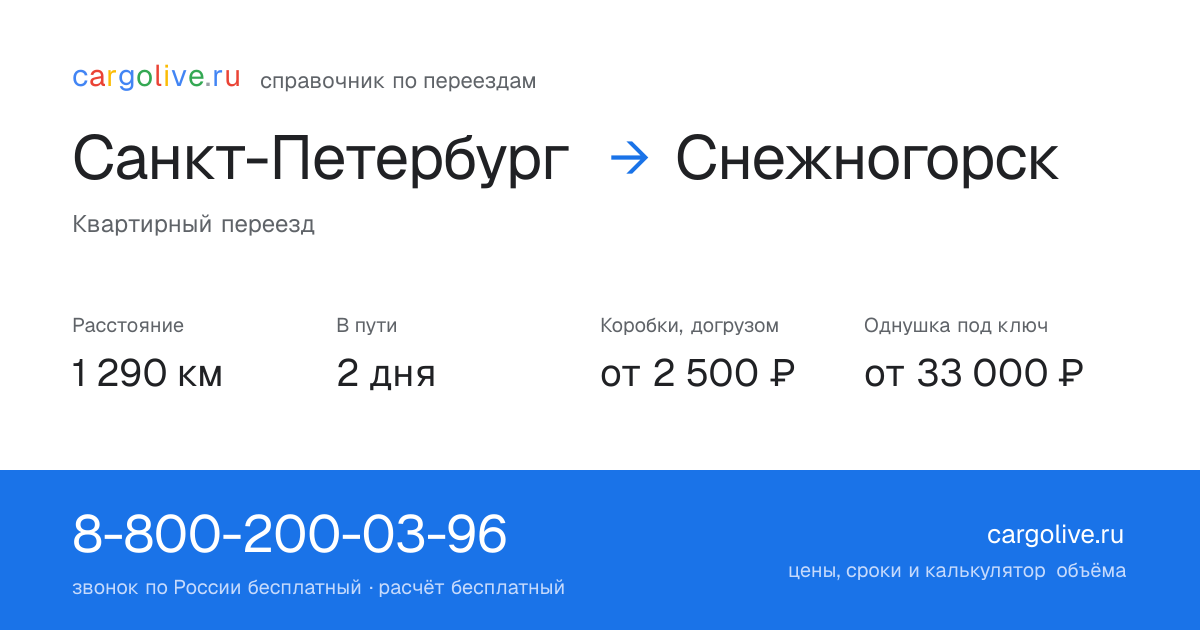 Переезд из Санкт-Петербурга в Снежногорск: 1 290 км, 2 дня в пути, от 2 500 ₽