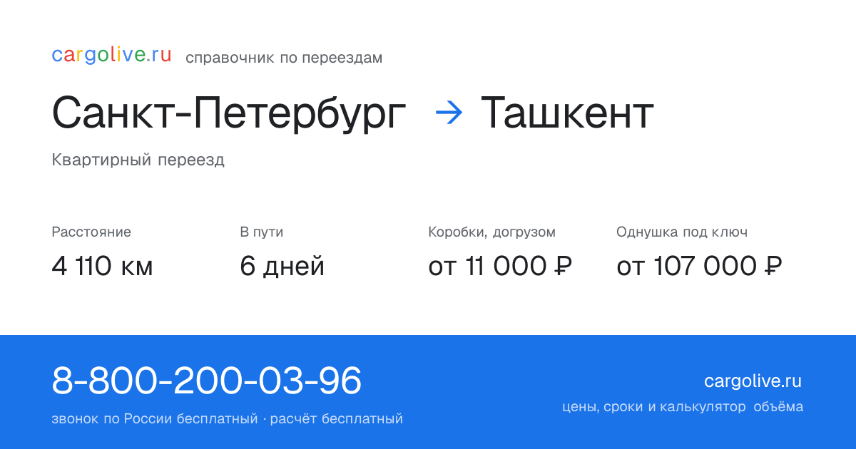 Переезд из Санкт-Петербурга в Ташкент: 4 110 км, 6 дней в пути, от 11 000 ₽