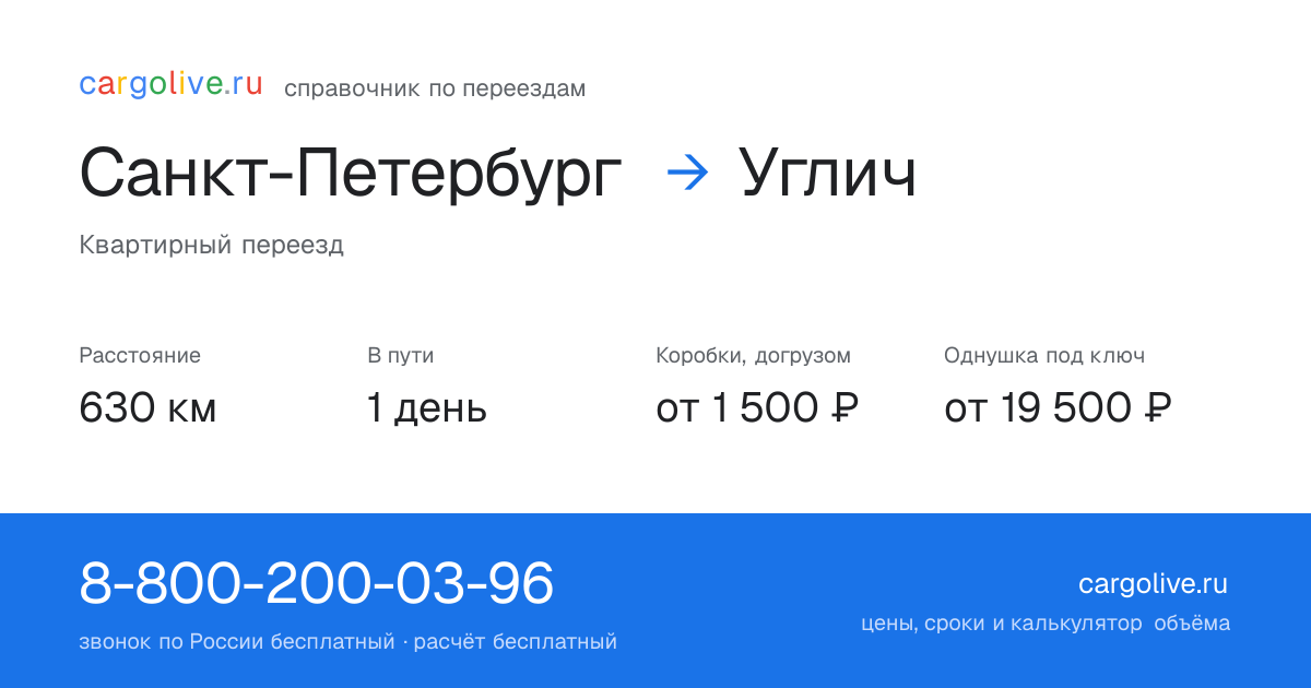 Переезд из Санкт-Петербурга в Углич: 630 км, 1 день в пути, от 2 000 ₽