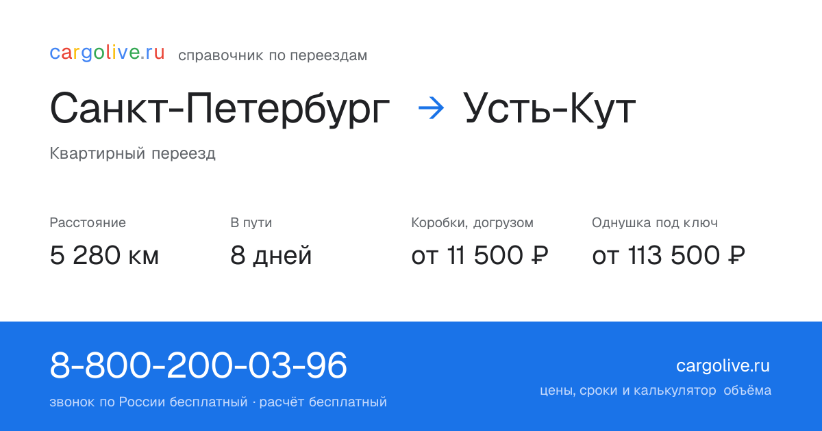Переезд из Санкт-Петербурга в Усть-Кут: 5 280 км, 8 дней в пути, от 11 500 ₽