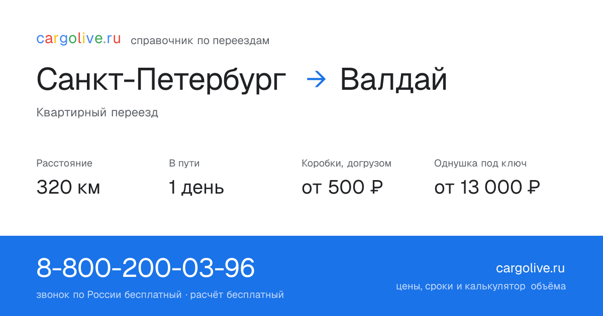 Переезд из Санкт-Петербурга в Валдай: 320 км, 1 день в пути, от 2 000 ₽